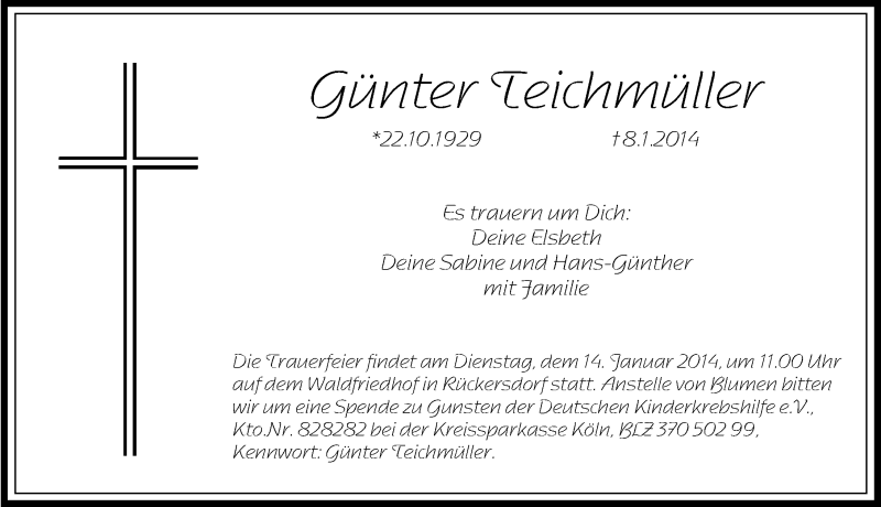  Traueranzeige für Günter Teichmüller vom 11.01.2014 aus Pegnitz-Zeitung